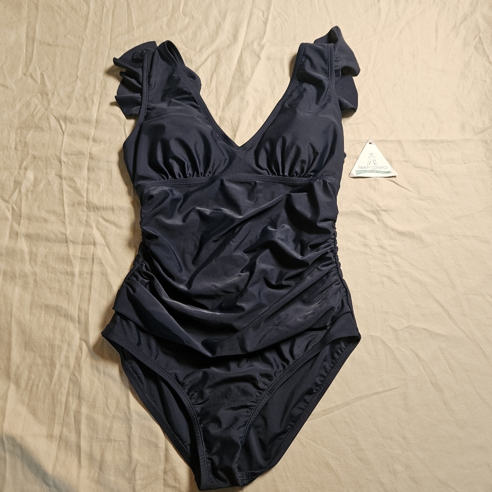 Women’s Tummy‎ Control One-Piece Swimsuit Navy Medium Ruched Ruffle Straps NWT
